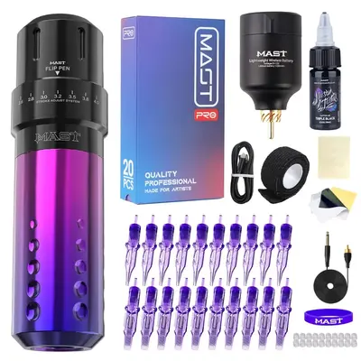 Mast Flip Rotary Machine Wireless Tattoo Pen Kit T1 Battery Supply Power Cartridges Needles