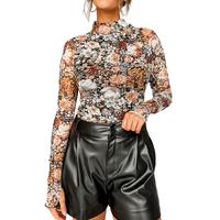 Mntaor Womens Floral Mesh Top Laying Tops Slim Fit Long Sleeve High Neck Sheath Mesh Blouse Tops Casual Comfort Shirts Womens...