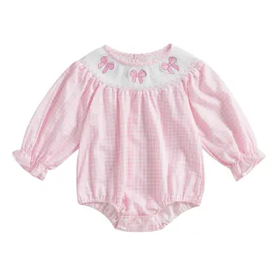 Newborn Infant Baby Girl Clothes Bow Embroidery Smocked Romper Bubble Long Sleeve Bodysuit Cute Outfit Fall Winter Clothing