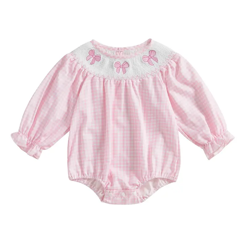 Newborn Infant Baby Girl Clothes Bow Embroidery Smocked Romper Bubble Long Sleeve Bodysuit Cute Outfit Fall Winter Clothing
