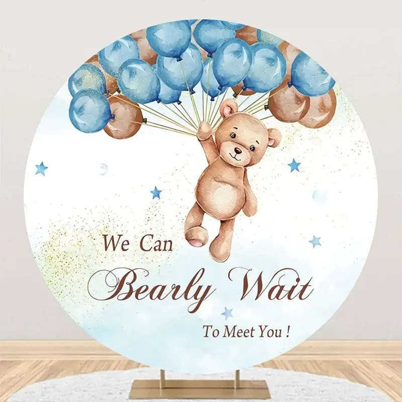Blue Brown Balloon Bear Circle Baby Shower Backdrop - Aperturee