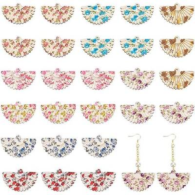 48Pcs 8 Colors Printed Flower Wood Pendants