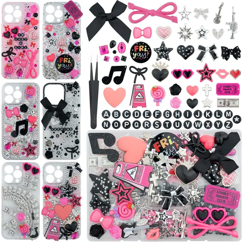 1050 Pcs Junk Phone Case Charms Kit, Charms for Phone Case Making with Kawaii Bow, Letter Beads, Nail Accessories, Flatback P...