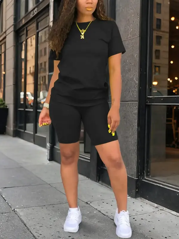 Two-piece Set Women's Solid Round Neck Tee & High Waist Shorts Set, Casual Basic Short Sleeve T-shirt & Skinny Shorts, Summer...