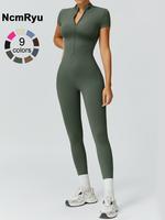Women's Solid Zip Front Sports Tummy Control Jumpsuit, Sporty Short Sleeve Stand Collar Skinny Jumpsuit, Jumpsuit for Women, ...