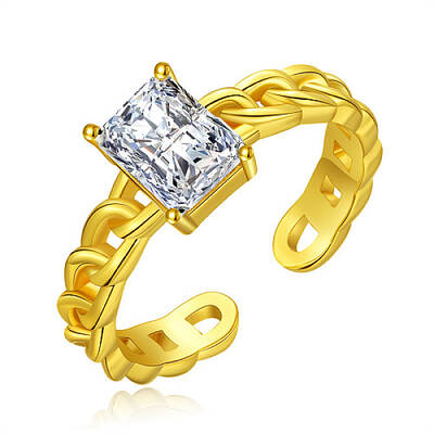Golden Brass Micro Pave Cubic Zirconia Solitaire Ring