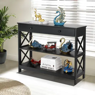 SEGAWE X-Design Modern Drawer Wooden Console Table with 2 Shelves, Black