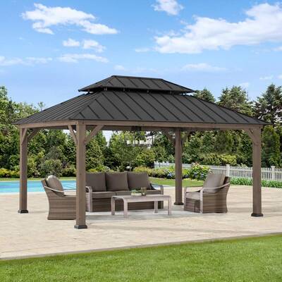 SUNJOY 12x16 Cedar Frame Gazebo with Steel Roof, Netting and Ceiling Hook - Weathered Cedar