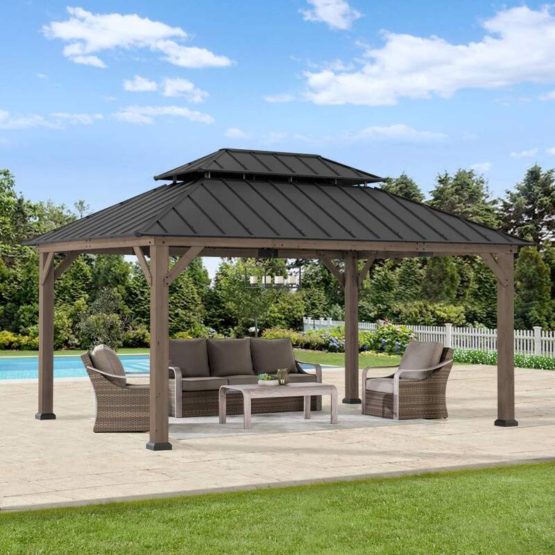 SUNJOY 12x16 Cedar Frame Gazebo with Steel Roof, Netting and Ceiling Hook - Weathered Cedar