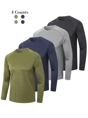 Men's Solid Long Sleeve Tee, Quick Drying Breathable Round Neck Sports T-shirt for Gym Workout Running, Casual Sporty Top for...