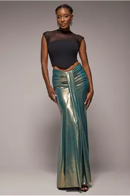 Goddiva Gathered Front Dipped Waist Foil Maxi Skirt - Gold