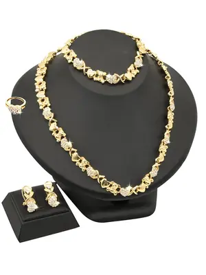 Rhinestone Decor Pendant Necklace & Dangle Earring & Ring & Bracelet, New Jewelry for Wedding Banquet, Trendy All-match & Exq...