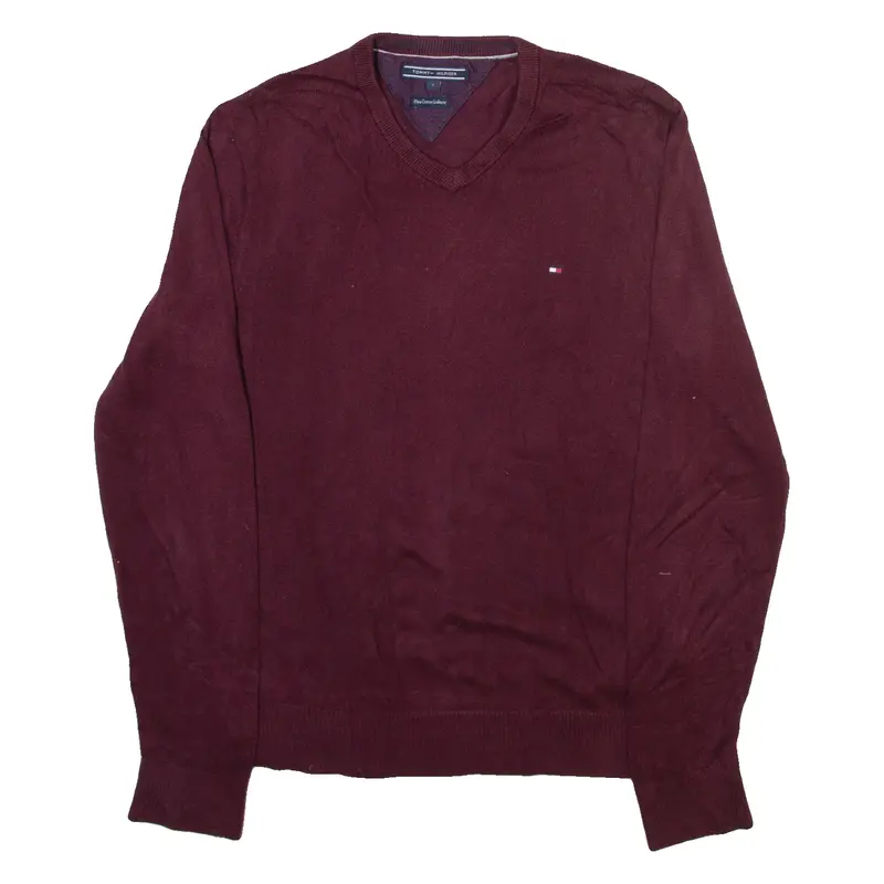 TOMMY HILFIGER Mens Jumper Maroon V-Neck Tight Knit S