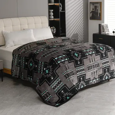 Oversized Super Plush Gray & Turquoise Southwest Aztec Flannel Blanket