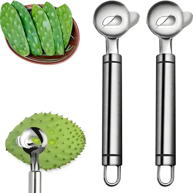 2PCS Cactus Peeler Tools, Stainless Steel Cactus Paring Knife and Peeler Spoon Long Handle Slicing Noodle Cutter with Hole fo...