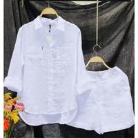 Fashion White Long Sleeve Shirt And Shorts Two count Sets Outfit Summer Casual Home 2 count Set For Women Suits