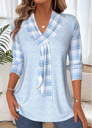Modlily Light Blue Plaid 3/4 Sleeve V Neck T Shirt - XXL