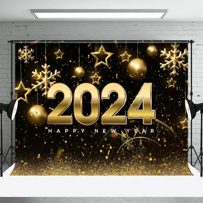 Aperturee Gold Snowflake Star Xmas Happy New Year Backdrop