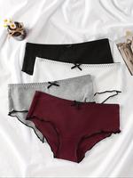 Women's Solid Bow Decor Lettuce Trim Ribbed Panty,  Girls Underwear Casual Comfy Breathable Knicker for Daily Wear, Ladies Un...