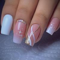 Short Ballerina Rhinestone Decor Fake Nail, 24pcs/set Colorblock Glitter Fake Nail with Tools, Removable Nail Art Artificia...
