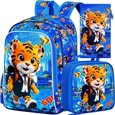 3PCS Backpack for Boys, 16'' Kids Tiger Preschool Backpacks with Lunch Box, Cool Animal Water Resistant School Bookbag Set fo...