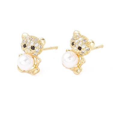 Cubic Zirconia Bear Stud Earrings with Acrylic Pearl