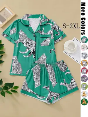 Women's 2pcs Button Front Shirt & Elastic Waist Shorts Pyjama Set, Short Sleeve Lapel Neck Top & Shorts PJ Set For Lady, Wome...