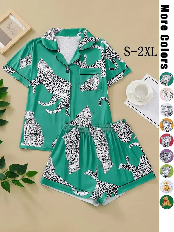 Women's 2pcs Button Front Shirt & Elastic Waist Shorts Pyjama Set, Short Sleeve Lapel Neck Top & Shorts PJ Set For Lady, Wome...