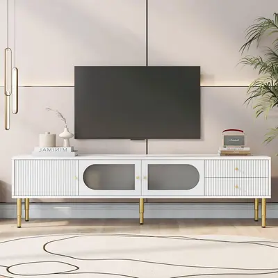 Garvee TV Stand With Storage Cabinet Drawers For TVs Up To 80 White 66.90 x 13.80 x 19.70 Easy Assembly