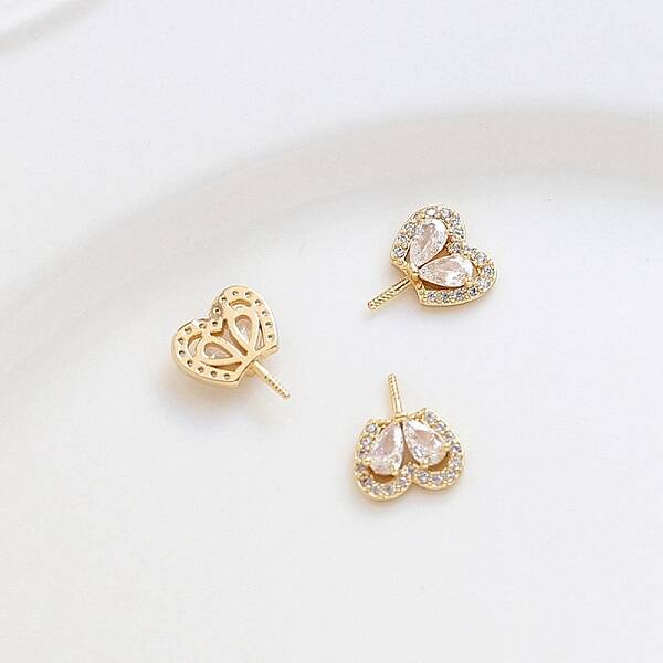 Brass Pave Clear Glass Heart Pins