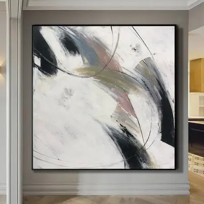 Abstract Minimalist Paintings On Canvas Original Art In Beige, Black And White Colors Giant Painting In Custom Size | OVERCAS...