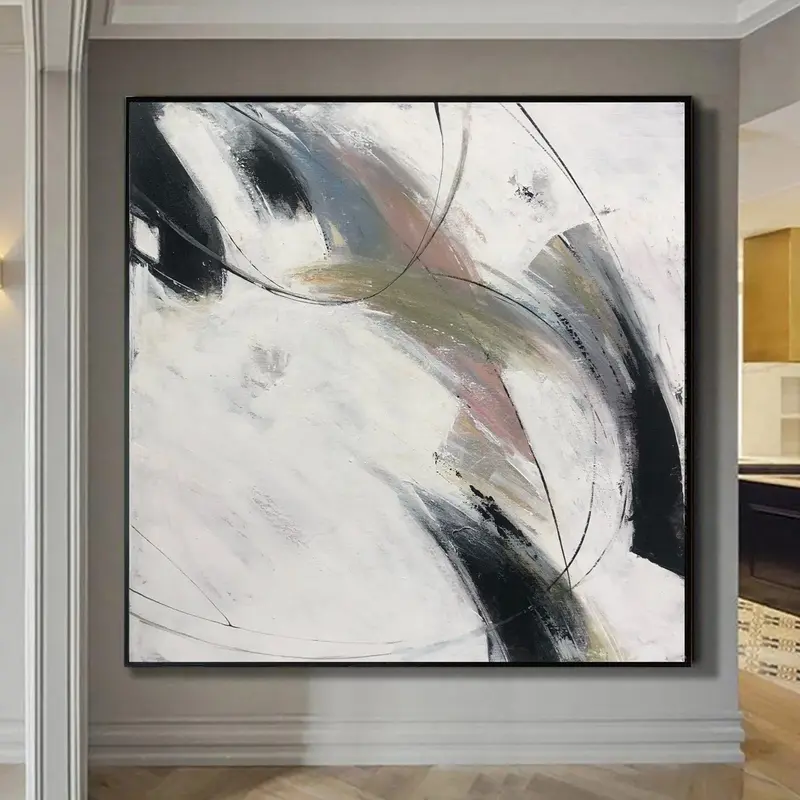 Abstract Minimalist Paintings On Canvas Original Art In Beige, Black And White Colors Giant Painting In Custom Size | OVERCAS...