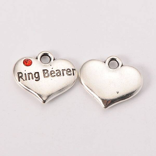 Wedding Theme Antique Silver Tone Tibetan Style Heart with Ring Bearer Rhinestone Charms