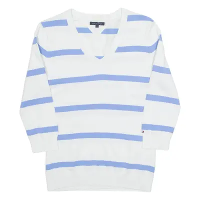 TOMMY HILFIGER Womens Jumper White Striped V-Neck Tight Knit 3/4 Sleeve S