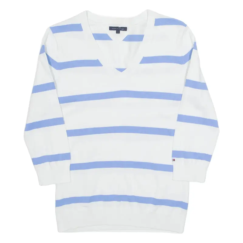 TOMMY HILFIGER Womens Jumper White Striped V-Neck Tight Knit 3/4 Sleeve S