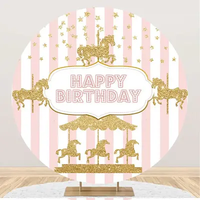 White Pink Stripes Circus Round Birthday Backdrop - Aperturee