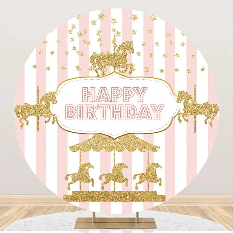 White Pink Stripes Circus Round Birthday Backdrop - Aperturee