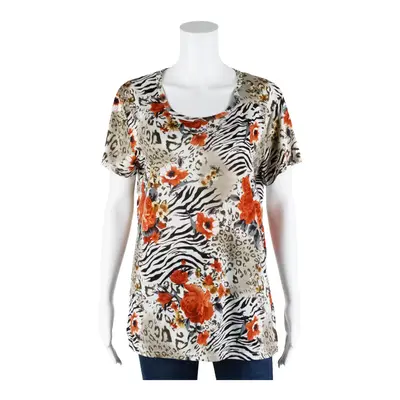H&Z Stretch Crazy Print Top Orange Floral Short Sleeve Womens M