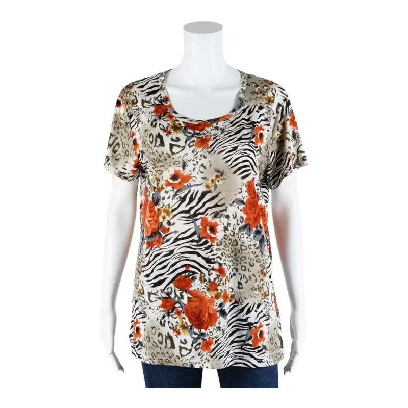 H&Z Stretch Crazy Print Top Orange Floral Short Sleeve Womens M