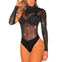 Women Sexy Sparkly Studded Rhinestone Sheer Mesh Bodysuit,Long Sleeve Minimalist See Through Leotard Shirt,Party Body Suits,S...