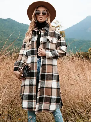 Women's Plaid Print Button Front Split Side Warm Coat, Casual Loose Drop Shoulder Long Sleeve Collared Outerwear for Daily We...