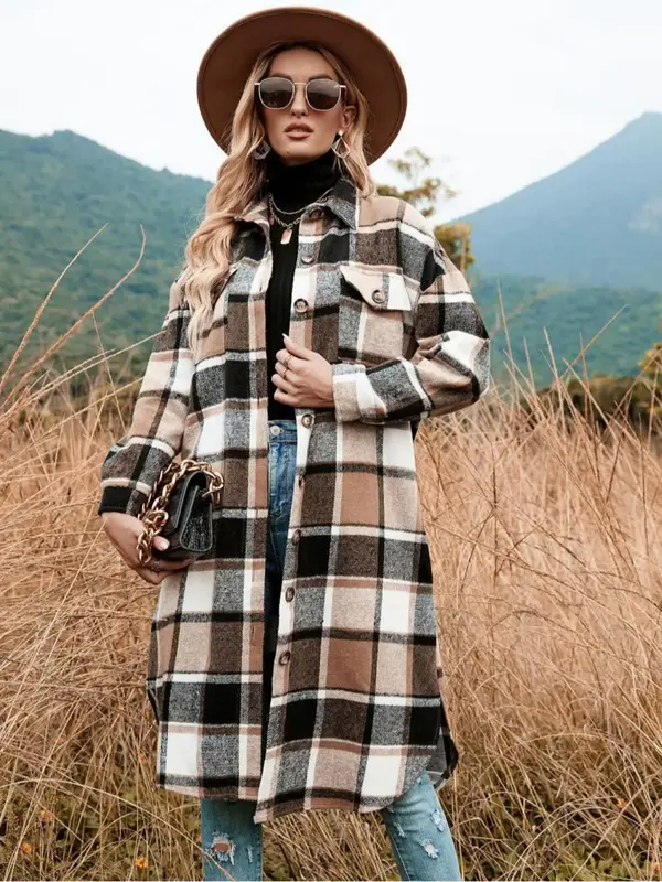 Women's Plaid Print Button Front Split Side Warm Coat, Casual Loose Drop Shoulder Long Sleeve Collared Outerwear for Daily We...