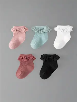 5 Pairs Lace Trim Kids Socks, Sweet Princess Style, Soft Skin-Friendly, Daily Wear for Girls, Cute, Children Short Socks Set,...