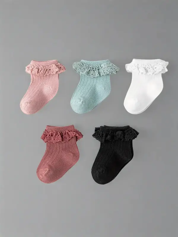 5 Pairs Lace Trim Kids Socks, Sweet Princess Style, Soft Skin-Friendly, Daily Wear for Girls, Cute, Children Short Socks Set,...