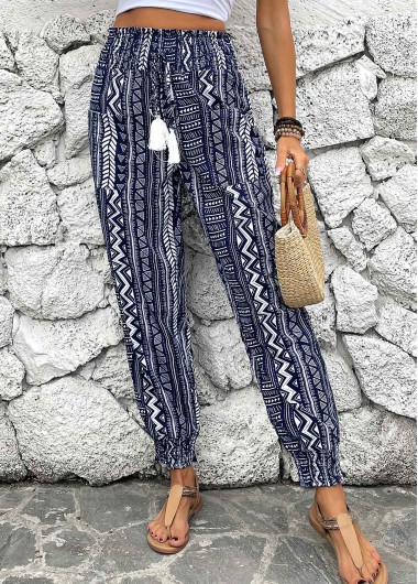 Modlily Navy Smocked Geometric Print Jogger Elastic Waist Pants - L