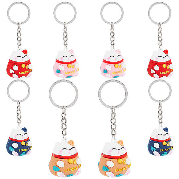 8Pcs 2 Sets PVC Cartoon Lucky Cat Doll Pendant Keychain
