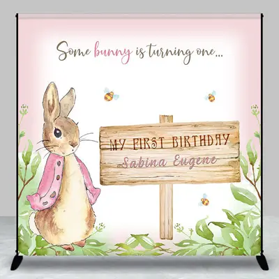 Custom Cute Bunny Spring Plant 1st Birthday Backdrop - Aperturee