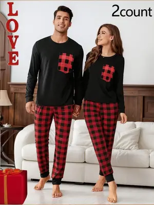 Couple Long Sleeve Sleep Tee & Jogger Pants Pajama Two-piece Set, Casual Comfy Round Neck Top & Elastic Waist Trousers Matchi...