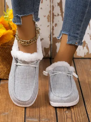 Minimalist Solid Color Flats As Galentine's Day Gift, Lace-up Front Thermal Lined Plush Slip-ons, Faux Fur Lined Casual Shoes...