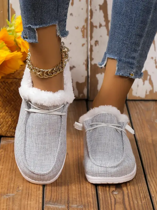 Minimalist Solid Color Flats As Galentine's Day Gift, Lace-up Front Thermal Lined Plush Slip-ons, Faux Fur Lined Casual Shoes...